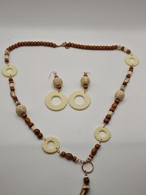 Cream and Brown Boho Beaded Necklace with Matching Earrings
